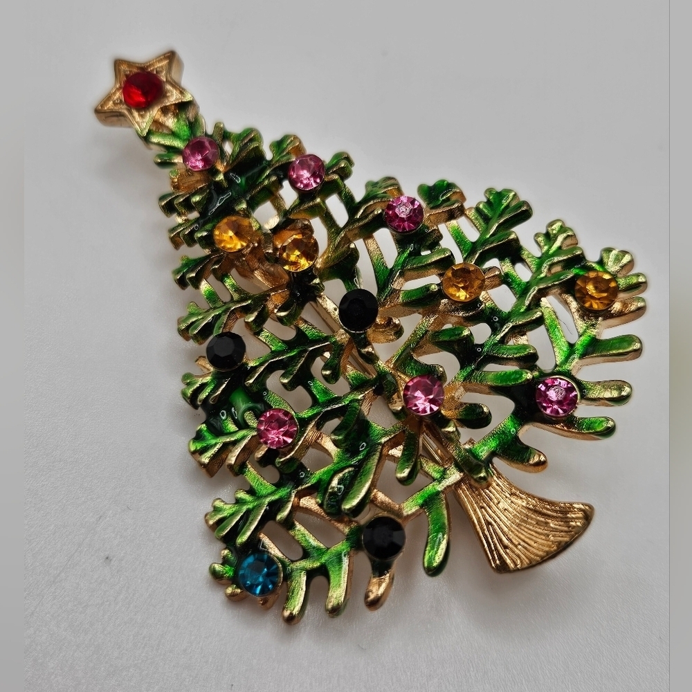 Colorful Rhinestone Accent Christmas Tree Gold Tone Brooch Pin Holiday - Picture 2 of 6